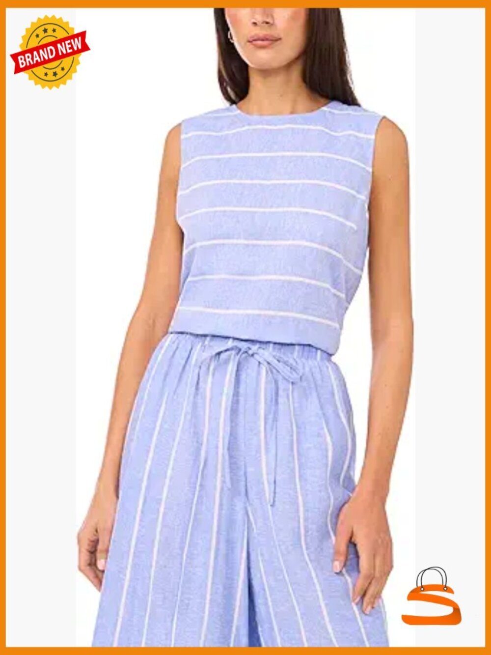 Sleeveless Linen Crew Neck Blouse, Striped, Breathable, Lightweight, Pull On